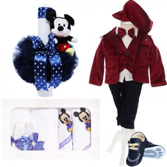 Trusou complet pentru botez baieti, sacou din catifea, trusou brodat, lumanare Mickey Mouse si pantofiori, visiniu, 14 piese, Recostore, REC2113